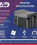 Top Shelf Dual Sided Badge Printer With Complete Supplies Package And Dead Simple Software For School Ids And Corporate Access Cards Slick Desktop High Definition Printing specifications with capacity details and dimensions.
