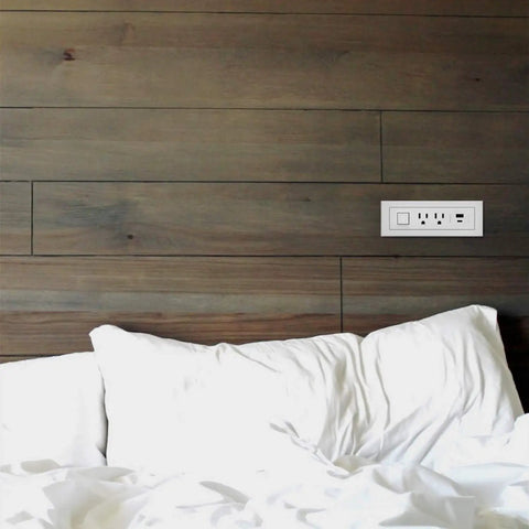 Radiant Furniture Power Center With USB And Switch on wooden wall above bed, recessed power strip, white finish, 2 outlets, 10 ft cord.