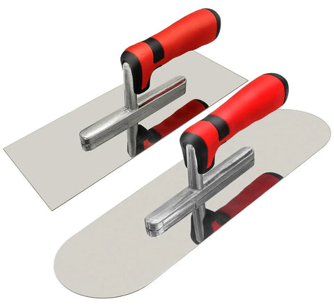 Concrete Tools Set With Pro Grade Stainless Steel Flat Finishing Trowel 11 By 4 Inch And Pool Trowel 14 By 4 Inch displayed together