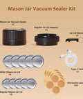 Electric Mason Jar Vacuum Sealer Kit game changing with ten lids, featuring vacuum sealer, lids, adaptor, jar opener, cable, and labels.