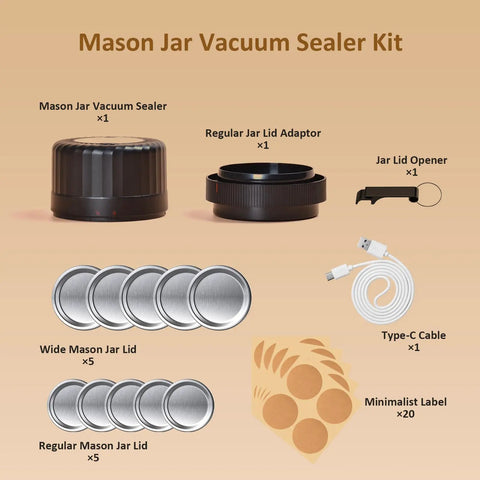 Electric Mason Jar Vacuum Sealer Kit game changing with ten lids, featuring vacuum sealer, lids, adaptor, jar opener, cable, and labels.