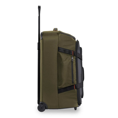 Briggs & Riley 27-inch medium upright duffle in hunter green with wheels, telescoping handle and side zip pocket.