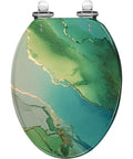 Elongated Toilet Seat Resin Bathroom in green and blue abstract design, 14.5" x 18.5" size, suitable for most toilets.