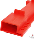 Close-up of Red Butterfly Valve Lockout Device for 3 And 11 Thirty Second Inch Valve Head Diameter, reinforced for heavy-duty use.
