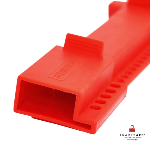 Close-up of Red Butterfly Valve Lockout Device for 3 And 11 Thirty Second Inch Valve Head Diameter, reinforced for heavy-duty use.