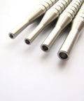Stainless Hollow End Roll Pin Starter Tool Punch Set For 1/16, 1/8, 3/32, 5/64 Inch Pins, 2.75 Inch Long CNC Machined Made In USA Detroit Craftsmanship Pin Start Aid For Quick Insertion Before Driving With A Punch displayed in a row on white background, close-up view
