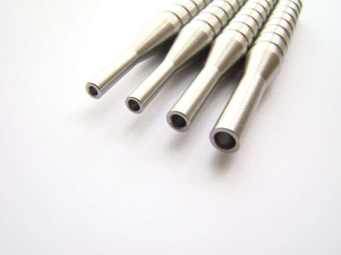 Stainless Hollow End Roll Pin Starter Tool Punch Set For 1/16, 1/8, 3/32, 5/64 Inch Pins, 2.75 Inch Long CNC Machined Made In USA Detroit Craftsmanship Pin Start Aid For Quick Insertion Before Driving With A Punch displayed in a row on white background, close-up view