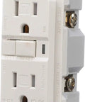 Heavy Duty 15 Amp Tamper Resistant Arc Fault Circuit Interrupter Outlet With Visual Trip Indicator Light For Home Wiring Security Light Almond Grounded Receptacles Case Of Ten angled view showing grounded receptacle and test/reset buttons.