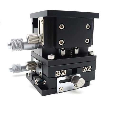 Top Shelf XYZ Axis Manual Linear Stage 90 X 90mm Dual Cross Rail Aluminum Sliding Table showing detailed gearing and knobs.