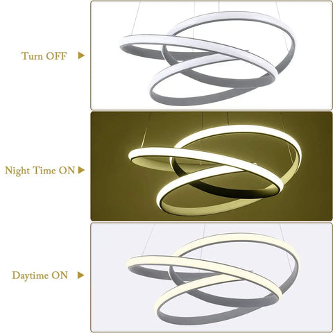 Modern LED Ring Pendant Light Fixture For Dining Rooms And Kitchen Islands in off, night, and daylight settings.