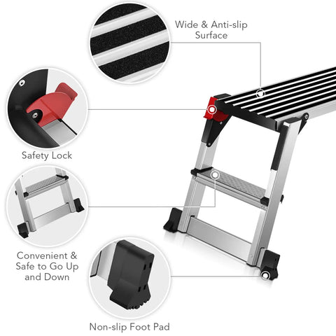 40 Inch Folding Step Stool Aluminum Ladder For Home DIY Projects with safety lock, anti-slip surface and foot pads