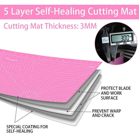 Front view of pink 18x12 inch self-healing cutting mat, 3mm thick, double-sided 5-ply for fabric and quilting.