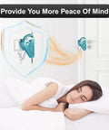 Portable Door Lock For Hotel And Apartment Security Heavy Duty Aluminum And Stainless Steel Travel Latch Bolt Easy To Install On Door Prevent Unauthorized Entry And Keep Your Privacy While On The Go Blue installed on bedroom door next to sleeping woman, showcasing security.