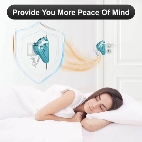 Portable Door Lock For Hotel And Apartment Security Heavy Duty Aluminum And Stainless Steel Travel Latch Bolt Easy To Install On Door Prevent Unauthorized Entry And Keep Your Privacy While On The Go Blue installed on bedroom door next to sleeping woman, showcasing security.