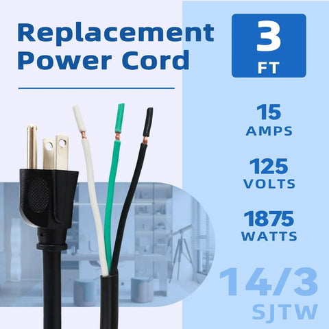 Two Pack 3 Ft 14/3 SJTW Appliance And Power Tool Cord, Heavy Duty 15 Amp 125V Replacement Cable With Pigtail End, ETL Listed NEMA 5-15P To Bare Wire, 14 AWG Three Conductor, 1875 Watts Max. 3 ft cord with bare wire ends
