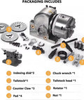 Hella Precise Beefy Five Inch Dividing Head Knocks It Out Of The Park With Tailstock Chuck and accessories displayed in packaging.