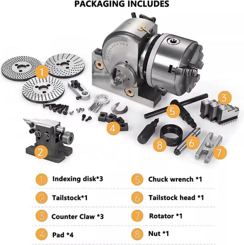 Hella Precise Beefy Five Inch Dividing Head Knocks It Out Of The Park With Tailstock Chuck and accessories displayed in packaging.
