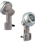 All In One Trimmer Gear Head Kit For Stihl String Trimmers Dope Gearbox Assembly With Thrust Plate Thrust Washer Rider Plate And Left Hand Nut Replaces 4180 640 0114 Aftermarket Replacement Not OEM - Side and top view of alloy gear head assembly with nut detail.