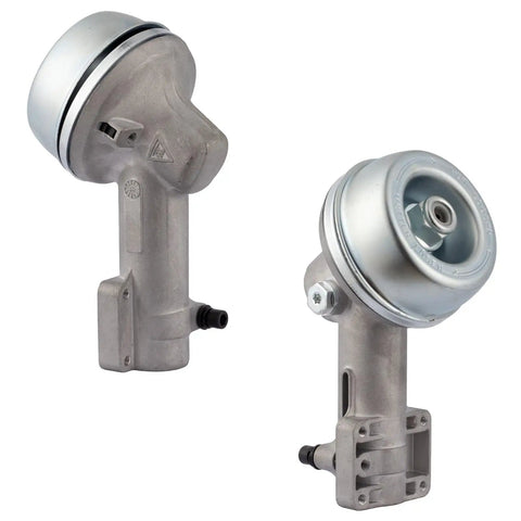 All In One Trimmer Gear Head Kit For Stihl String Trimmers Dope Gearbox Assembly With Thrust Plate Thrust Washer Rider Plate And Left Hand Nut Replaces 4180 640 0114 Aftermarket Replacement Not OEM - Side and top view of alloy gear head assembly with nut detail.