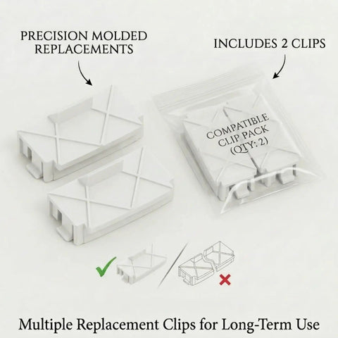 Dead Nuts Secure Dust Bin Clip For Robot Vacuum Replacement Latch Hook in a pack of 2, white durable plastic clips.