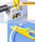 Close-up of Pro Grade Pass Through RJ45 Crimp Tool Kit with Cutter for Cat5 Cat5e Cat6 Cat6a 8P8C Modular Connectors showing yellow stripper.