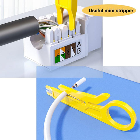 Close-up of Pro Grade Pass Through RJ45 Crimp Tool Kit with Cutter for Cat5 Cat5e Cat6 Cat6a 8P8C Modular Connectors showing yellow stripper.