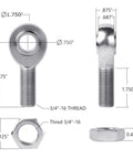 Beefy Chromoly Heim Joint Rod End Kit For Fluid Linkage Systems with precision threads and dimensions displayed.