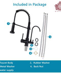 Package contents of 3 in 1 Spring Brushed Nickel Kitchen Faucet With High Arc, Single Hole Mount, Pull Down Sprayer, RO Filtration