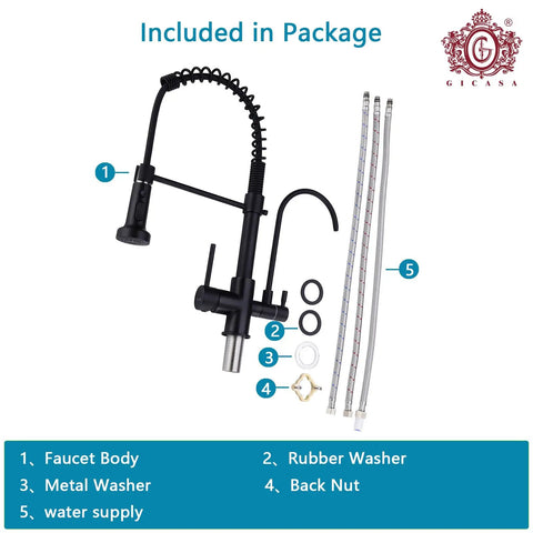 Package contents of 3 in 1 Spring Brushed Nickel Kitchen Faucet With High Arc, Single Hole Mount, Pull Down Sprayer, RO Filtration