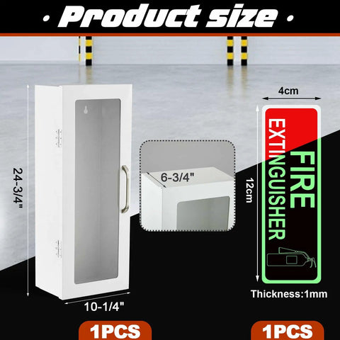 10 Lb Fire Extinguisher Cabinet Wall Mount White Steel With Glow In The Dark Sign Sticker shown with dimensions and features