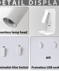 Plug In Wall Light For Bedroom With Two Separate Switches, LED Reading Light And Chill Night Light, USB Port Bedside Sconce, Wall Mounted Lamps, Warm White 3000K detail showing seamless lamp head and USB socket
