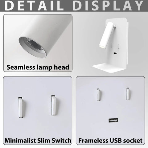 Plug In Wall Light For Bedroom With Two Separate Switches, LED Reading Light And Chill Night Light, USB Port Bedside Sconce, Wall Mounted Lamps, Warm White 3000K detail showing seamless lamp head and USB socket