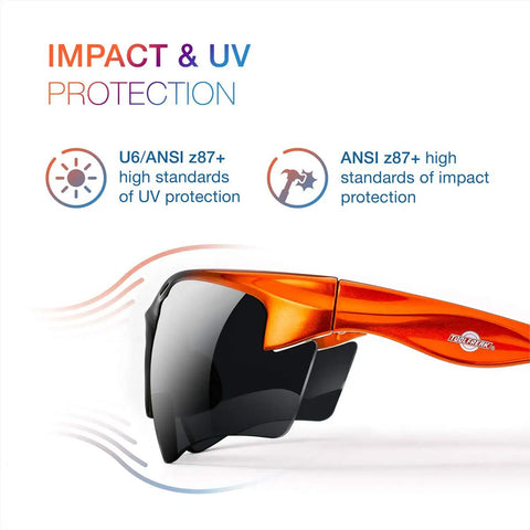 Rebel Bifocal Safety Glasses 2.5 Diopter Clear Lenses ANSI Z87 Plus Impact UV Protection, close-up of orange frame and lens.