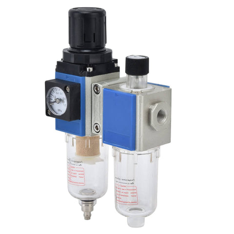 Compact Pro Grade FRL Unit with Regulator and Lubricator and Oil Separation for Industrial Pneumatic Tools, Water Separator visible