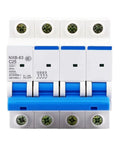 Rock Solid 4 Pole Miniature Circuit Breaker Optimized For 230 And 400 Volt AC Systems with blue latch and terminals.