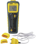 Wood Moisture Meter MMD900 with Pin Type and Pinless Sensor, LED display, cable, and accessories visible.