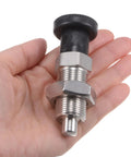 Rock Solid Stainless Steel Push Fit Ball Nose Spring Plunger M20x1.5 Thread 10mm Pin in hand, showing detail and size.