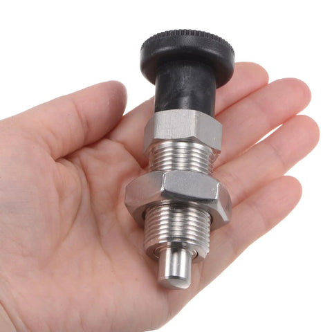 Rock Solid Stainless Steel Push Fit Ball Nose Spring Plunger M20x1.5 Thread 10mm Pin in hand, showing detail and size.