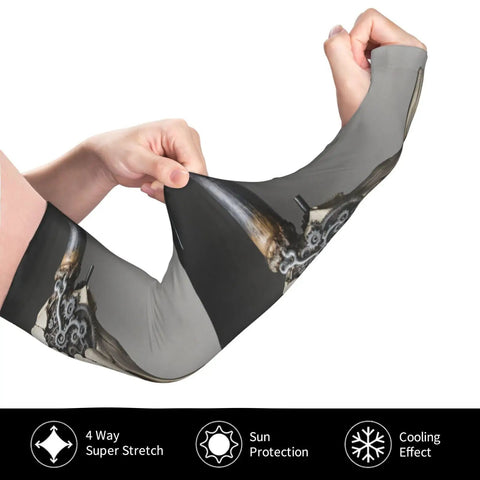 Steampunk Bull Skull With Gears And Mechanical Accent Adult Cooling Arm Sleeves featuring thumbhole grip, showcasing stretchable design.