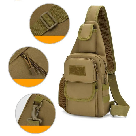 Versatile Sling Bag Crossbody Backpack For Men Lightweight 20L Daypack For Hiking Travel Skiing On The Go With Padded Adjustable Shoulder Strap And Spacious Compartments showing buckle, zippers, and hooks.