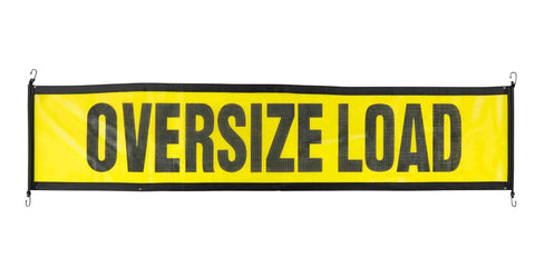 Two Pack 18x84 Oversize Load Sign for Trucks with Bungee Cord and Hook displayed flat, showing bright yellow background and bold text.