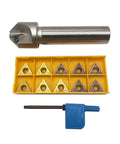 Boring bar with 3/4in shank and replaceable carbide head; includes 10 TCMT inserts and blue tool.