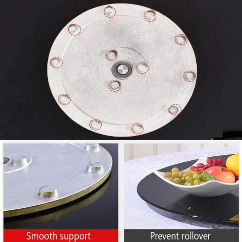 60 To 120 Cm Rotating Tempered Glass Lazy Susan Turntable Black Serving Plate showing metal bearings and fruit presentation.