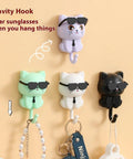Cool Cat Key Holder With Sunglasses No Drill Adhesive Hooks Four Pack for keys, hats, and towels in pastel colors.