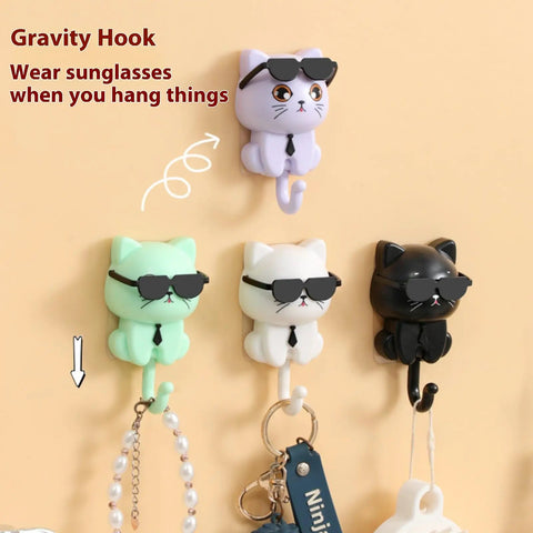 Cool Cat Key Holder With Sunglasses No Drill Adhesive Hooks Four Pack for keys, hats, and towels in pastel colors.