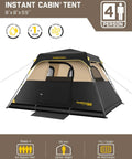 4 Person Instant Cabin Tent That Pops Up in 60 Seconds with Rainfly and Windproof Design, khaki color, front view