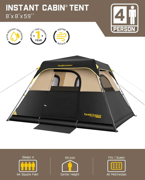 4 Person Instant Cabin Tent That Pops Up in 60 Seconds with Rainfly and Windproof Design, khaki color, front view
