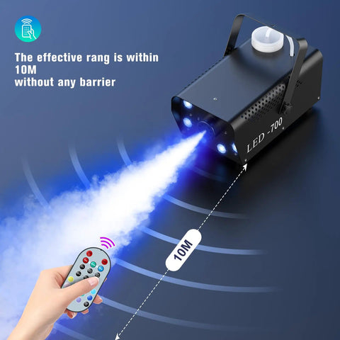 700W Fog Machine With Eight RGB LED Lights And Fourteen Colorful LED Effects, range demonstration with remote control use