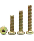 Close-up of Six Pack M6 And M8 Zinc Plated Flat Round Head Hex Socket Furniture Connector Screws Countersunk Bolts For Cabinets And DIY Projects