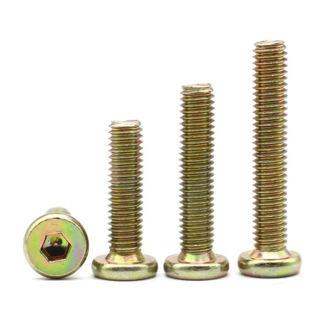 Close-up of Six Pack M6 And M8 Zinc Plated Flat Round Head Hex Socket Furniture Connector Screws Countersunk Bolts For Cabinets And DIY Projects